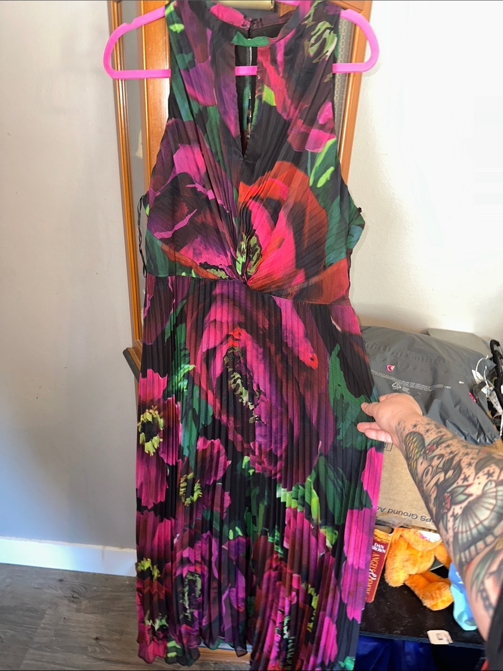 W Collection  Floral Pleated Maxi Dress in Black, Pink, Green